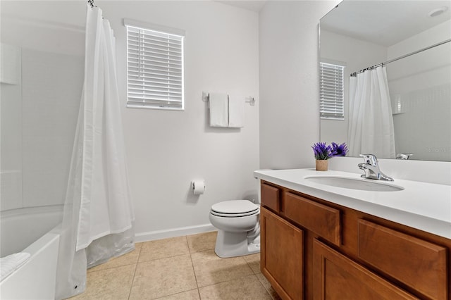 full bathroom with shower / bath combo, toilet, tile patterned flooring, and vanity