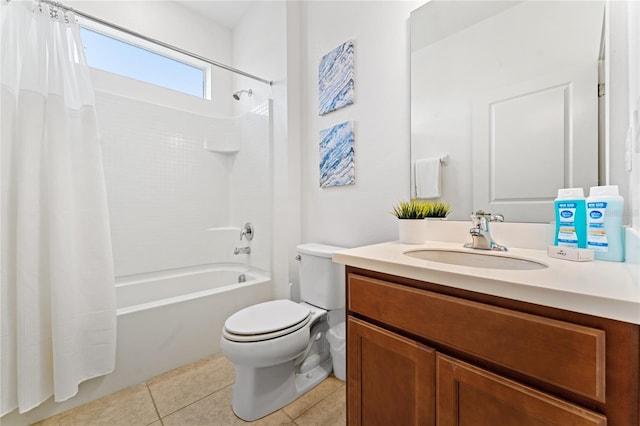 full bathroom with vanity, toilet, shower / tub combo, and tile patterned flooring