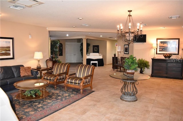 living room featuring a chandelier