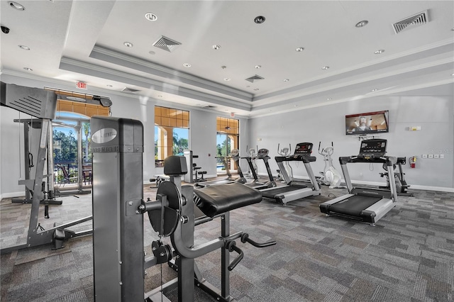 exercise room with carpet floors, a raised ceiling, and crown molding