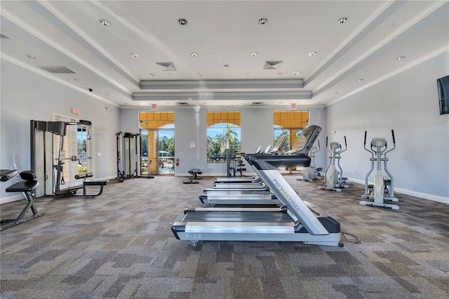 exercise room with a raised ceiling, ornamental molding, and carpet