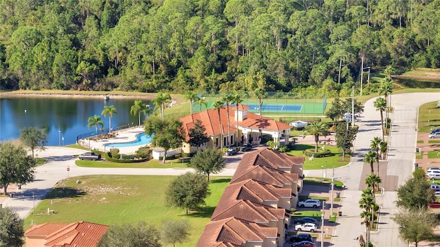 bird's eye view with a water view