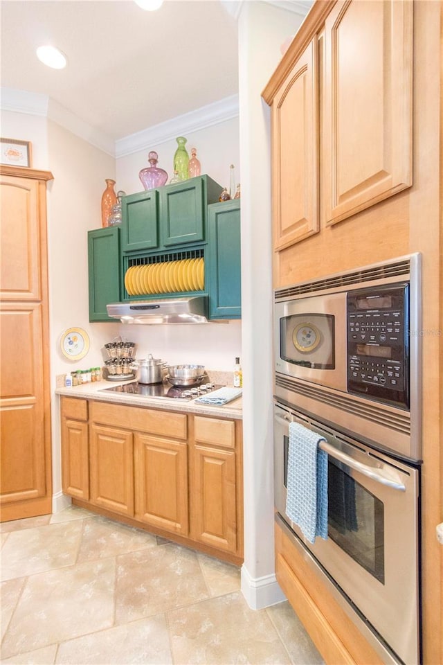 kitchen with light brown cabinets, stainless steel appliances, crown molding, and exhaust hood