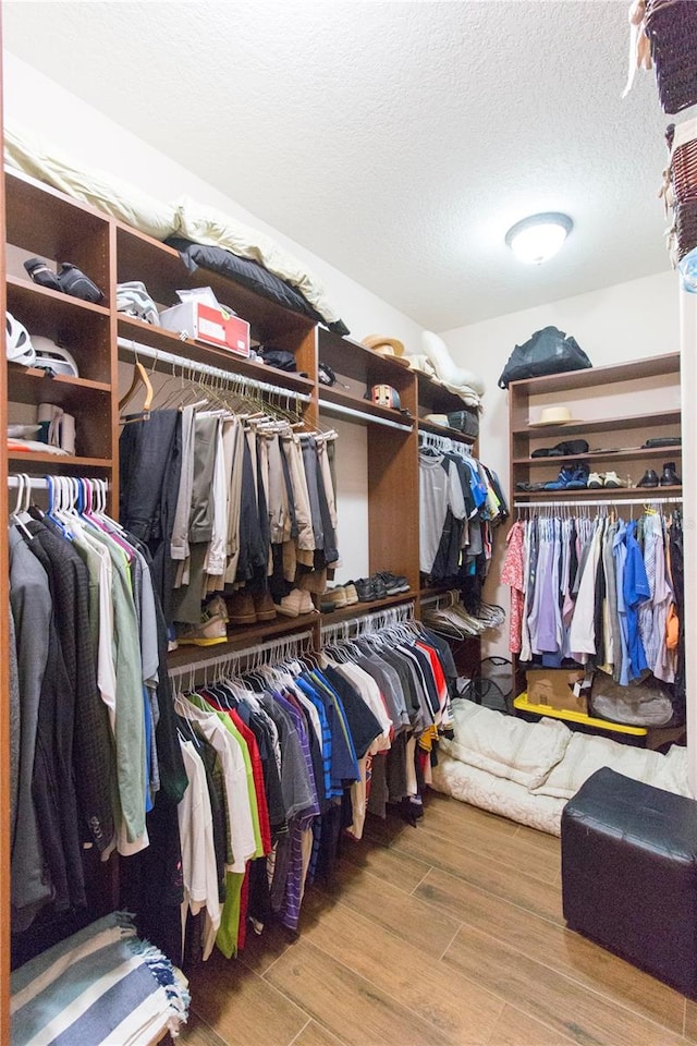 walk in closet with hardwood / wood-style flooring