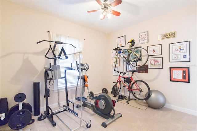 workout area with carpet flooring and ceiling fan