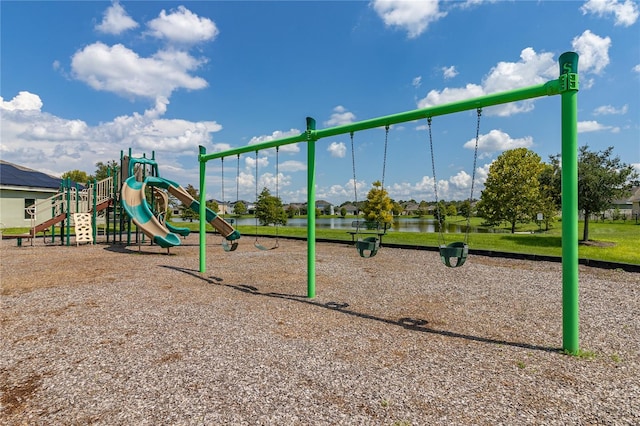 view of play area with a water view