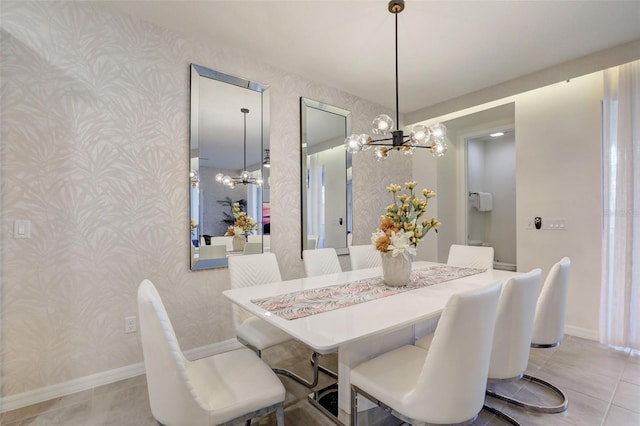 dining space featuring light tile patterned floors and a notable chandelier