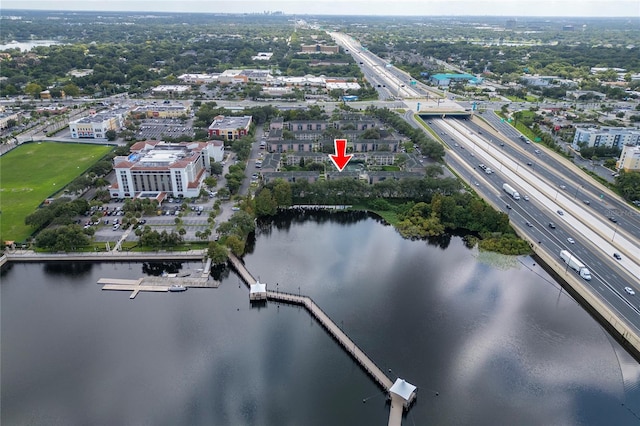 aerial view featuring a water view