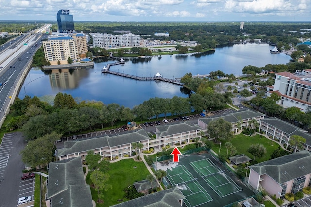 aerial view featuring a water view