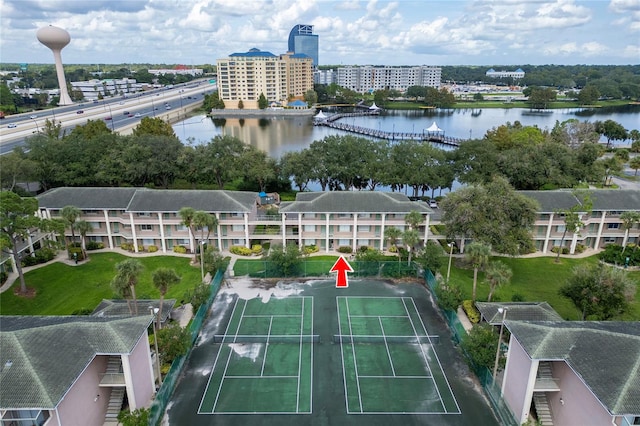 drone / aerial view with a water view