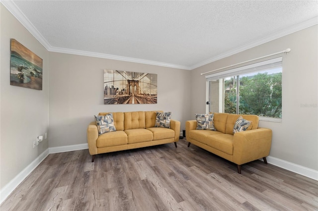 living room featuring a textured ceiling, crown molding, and hardwood / wood-style floors