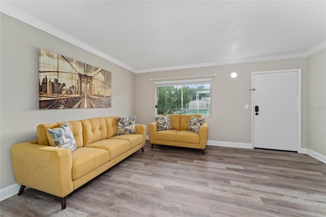 living room featuring a textured ceiling, crown molding, and hardwood / wood-style floors