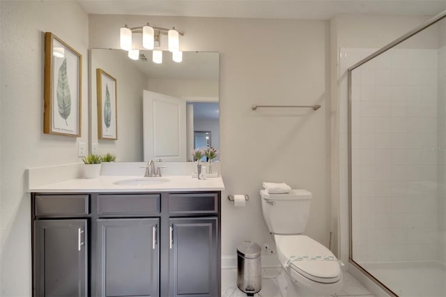 bathroom featuring walk in shower, vanity, and toilet