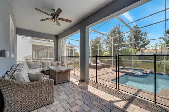 1536 Maidstone Ct, Davenport, FL 33896 - sunroom / solarium featuring an outdoor living space, a ceiling fan, a pool, and a hot tub