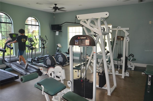 exercise room with ceiling fan