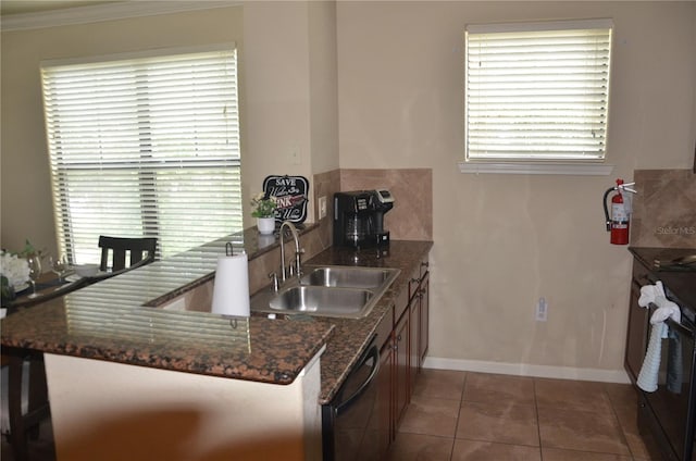 kitchen featuring crown molding, dishwasher, sink, and kitchen peninsula