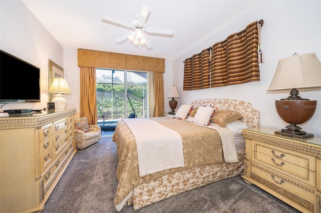 bedroom featuring dark carpet, ceiling fan, and access to outside