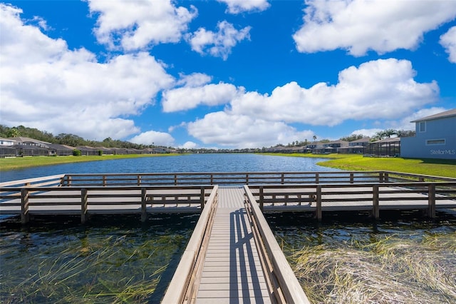 dock area with a water view and a yard