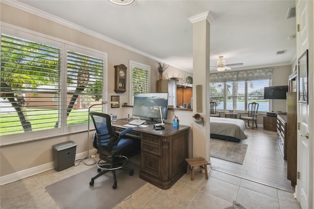 tiled home office with ceiling fan and crown molding