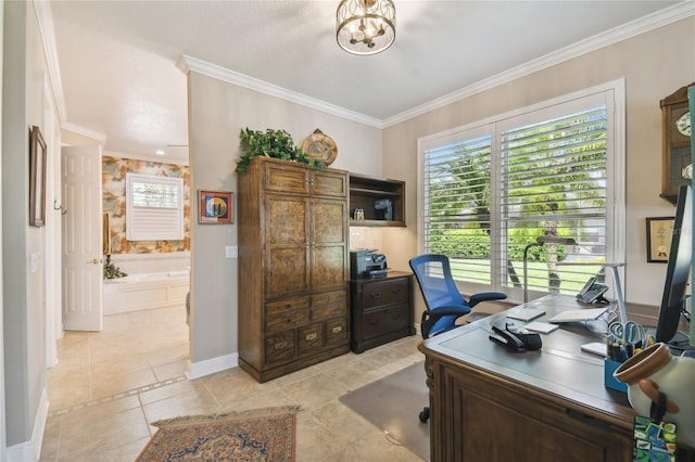 office with ornamental molding, an inviting chandelier, light tile patterned floors, and a textured ceiling