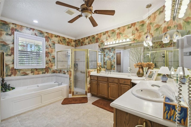 bathroom with ceiling fan, vanity, independent shower and bath, tile patterned floors, and crown molding