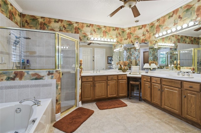 bathroom featuring vanity, independent shower and bath, ceiling fan, ornamental molding, and tile patterned floors