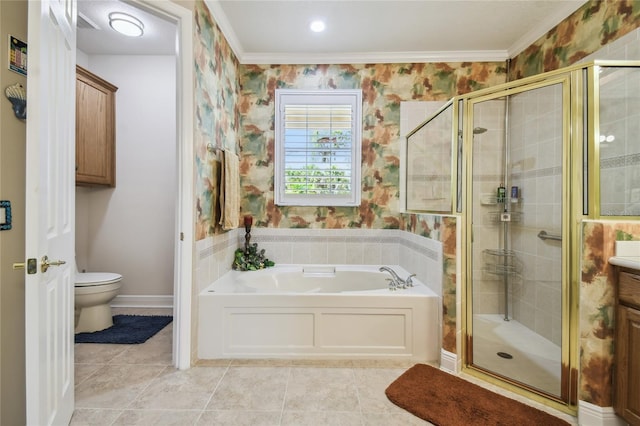 full bathroom with vanity, plus walk in shower, crown molding, and toilet