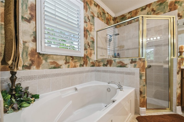 bathroom featuring independent shower and bath and crown molding