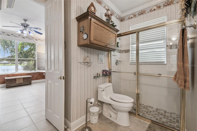 bathroom featuring walk in shower, tile patterned floors, toilet, and ceiling fan