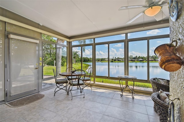 sunroom with a water view, ceiling fan, and a healthy amount of sunlight