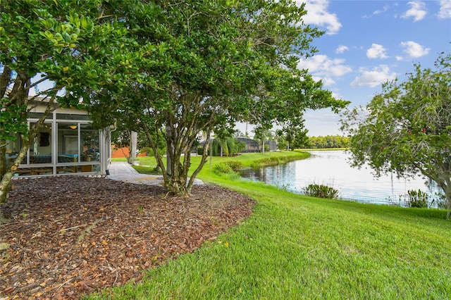 view of yard with a water view