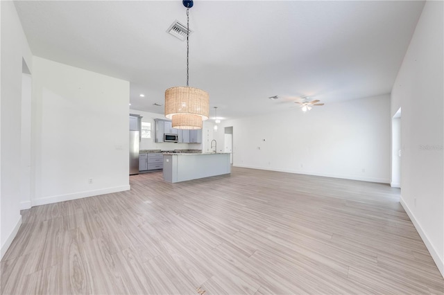 unfurnished living room with a ceiling fan, visible vents, baseboards, a sink, and light wood-style floors