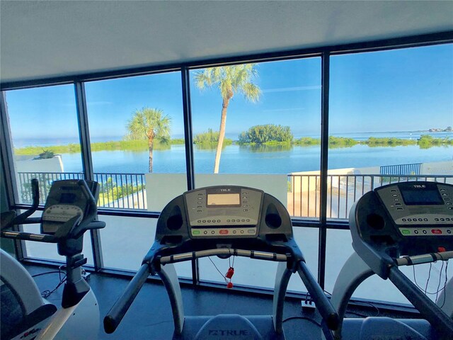 exercise room with plenty of natural light and a water view