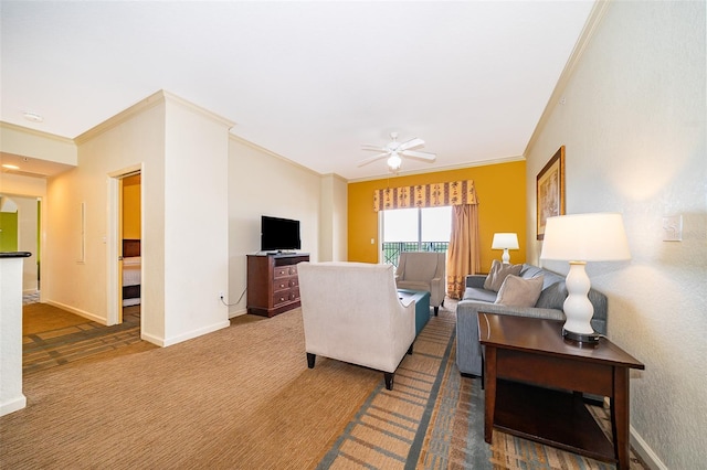 carpeted living room featuring ceiling fan and ornamental molding