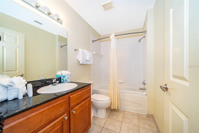 full bathroom with vanity, toilet, tile patterned floors, and shower / bath combination with curtain