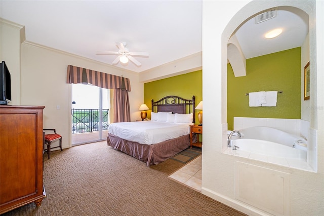 bedroom with ceiling fan, light colored carpet, and access to outside