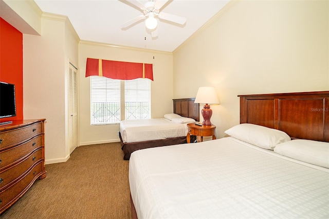 carpeted bedroom featuring ornamental molding, ceiling fan, and a closet