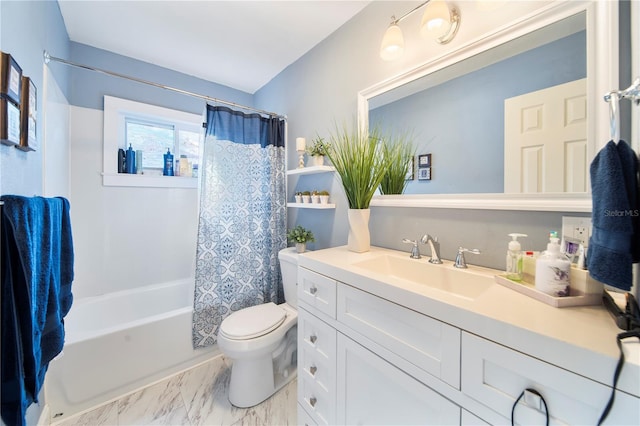 full bathroom with vanity, shower / tub combo, and toilet