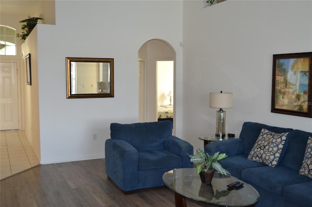 living room with hardwood / wood-style floors and a high ceiling