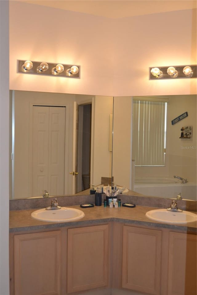 bathroom with a tub to relax in and vanity