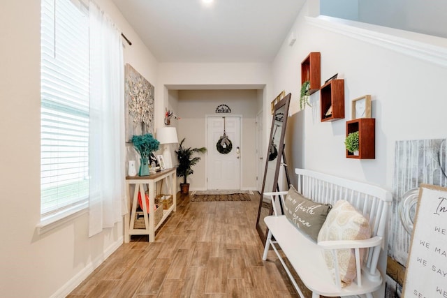 mudroom with light hardwood / wood-style flooring