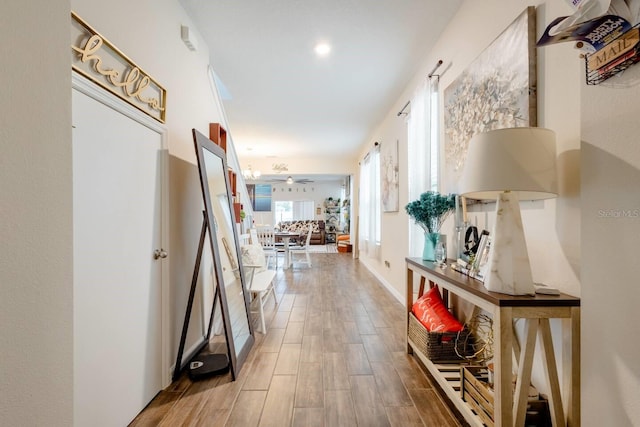 hallway with hardwood / wood-style floors