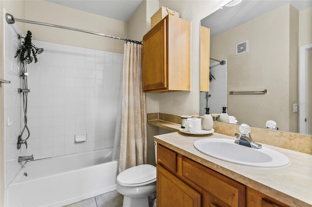 full bathroom with tile patterned flooring, vanity, toilet, and shower / bathtub combination with curtain