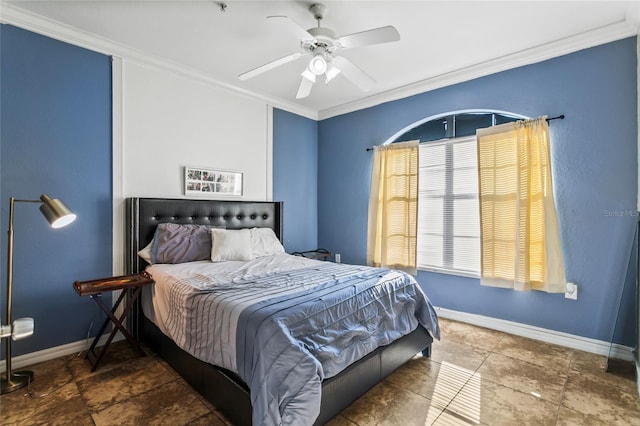 bedroom featuring ceiling fan and ornamental molding