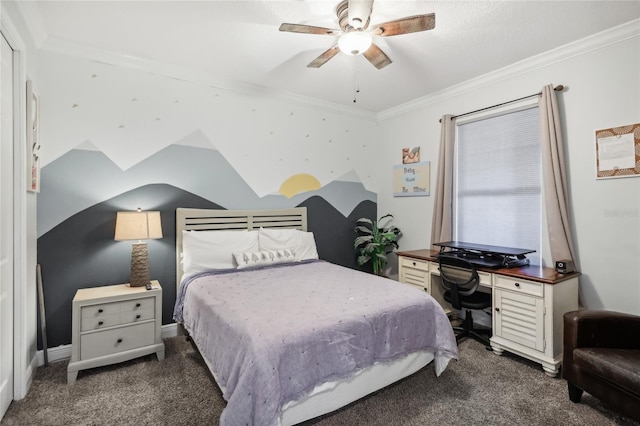 bedroom featuring dark colored carpet, ceiling fan, and crown molding