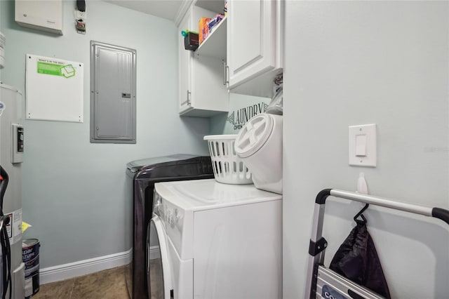 laundry room with electric panel, cabinets, washing machine and dryer, water heater, and tile patterned flooring