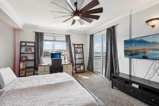 bedroom featuring multiple windows, access to outside, carpet, and ceiling fan