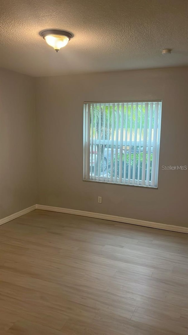 empty room featuring light wood-type flooring and a textured ceiling