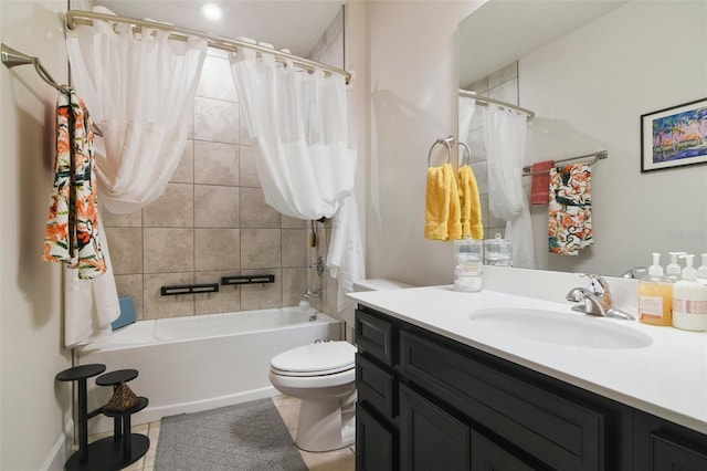 full bathroom with vanity, toilet, shower / bath combo with shower curtain, and tile patterned floors