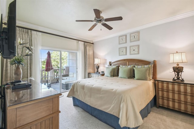 bedroom with ornamental molding, ceiling fan, access to exterior, and light carpet